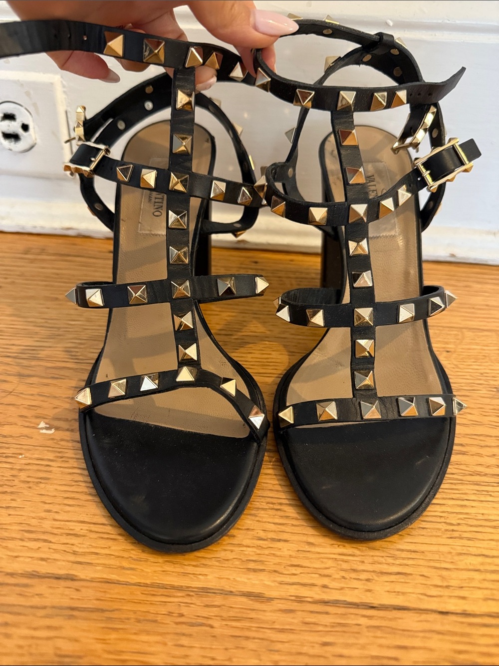 Valentino Black Leather Pyramid-Stud Sandals with Gold Accents